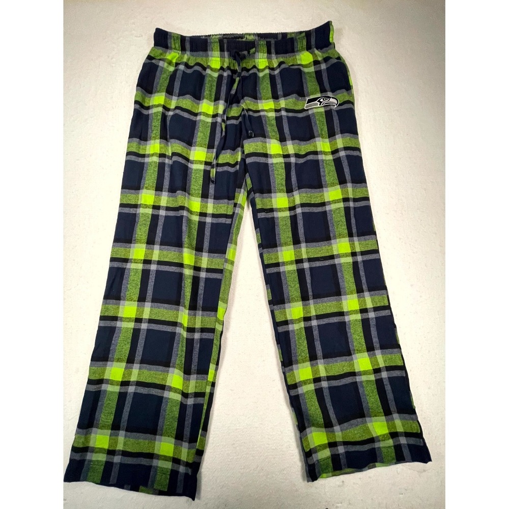Seattle Seahawks Pajama Pants Adult Large Green Navy Plaid NFL Cotton Sleepwear